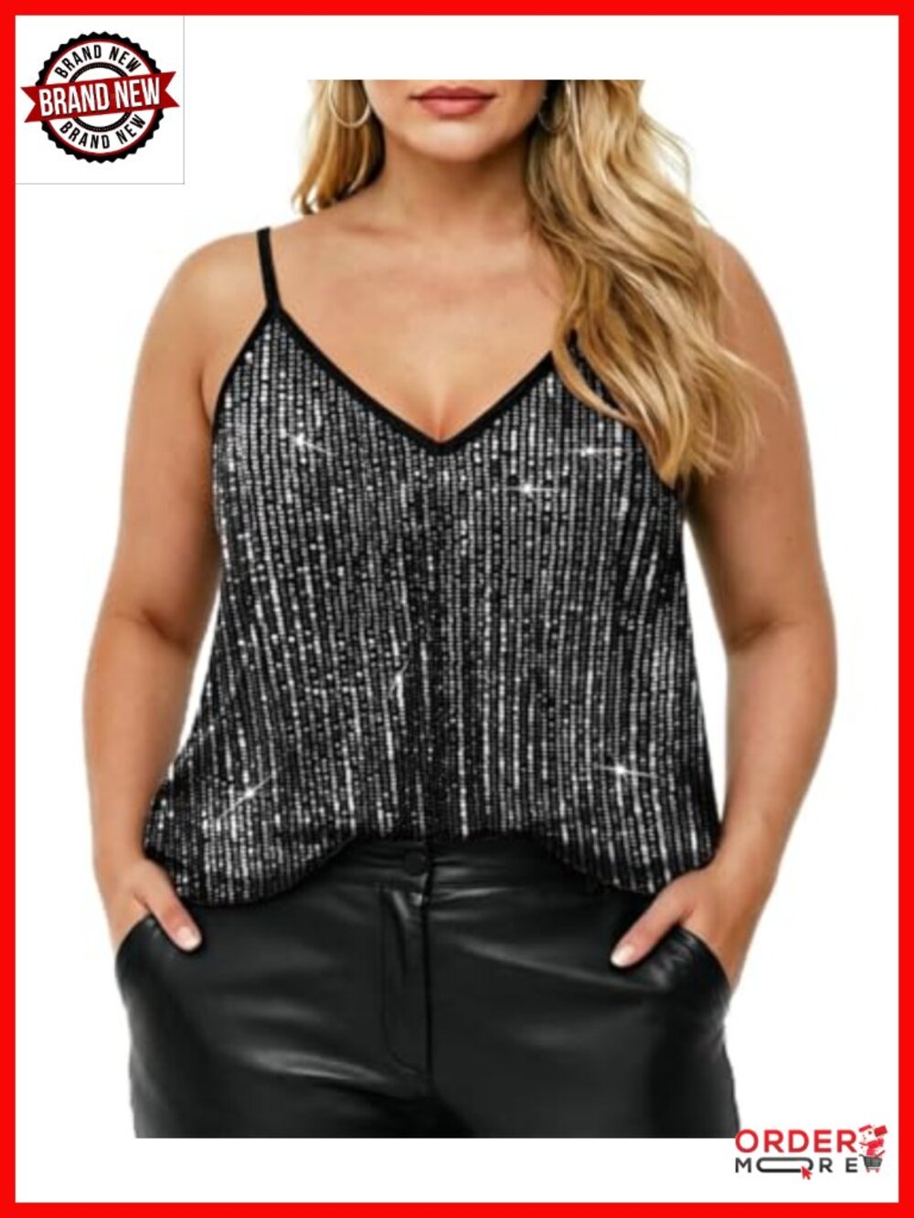 Plus Size Sequin Tank Top V Neck Sparkle Camisole Sleeveless Shimmer Party Top